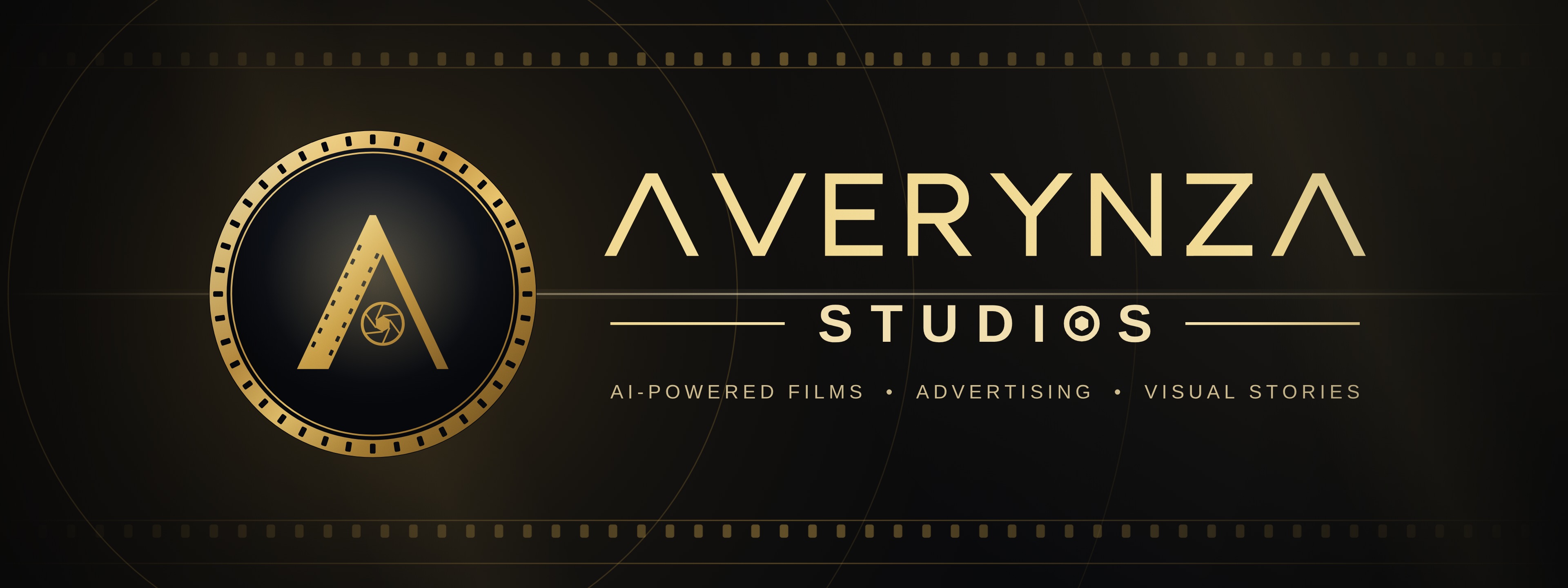 Averynza Studios golden cinematic emblem with film equipment and dramatic studio lighting
